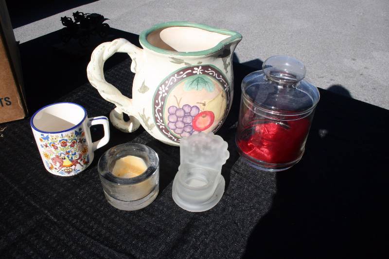 1949 Pitcher with cup, candle holder, and glass jar