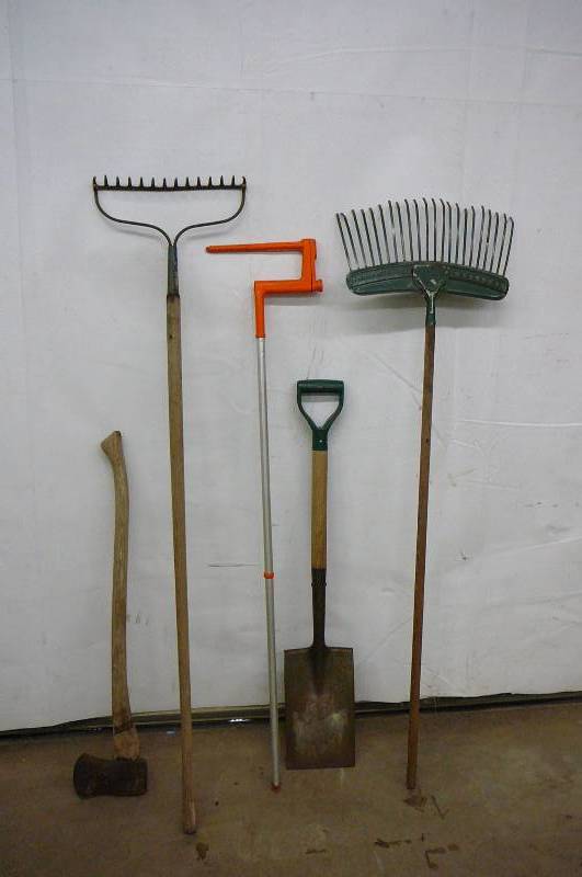 lot 17 image: Lawn tools Axe, shovel, rakes