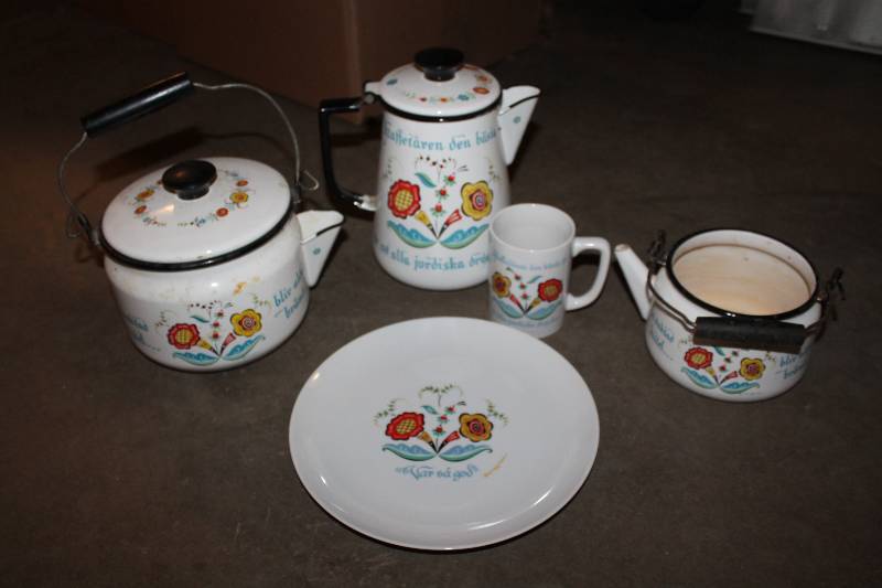 Glassware Set (5) Includes Traditional Swedish Cornflower Design on a Coffee Pot and Tea Pots (2), Cup and Plate