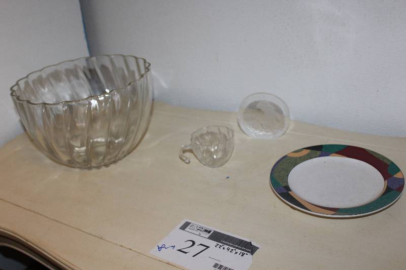 Clear Glass Punch Bowl and Assorted Items