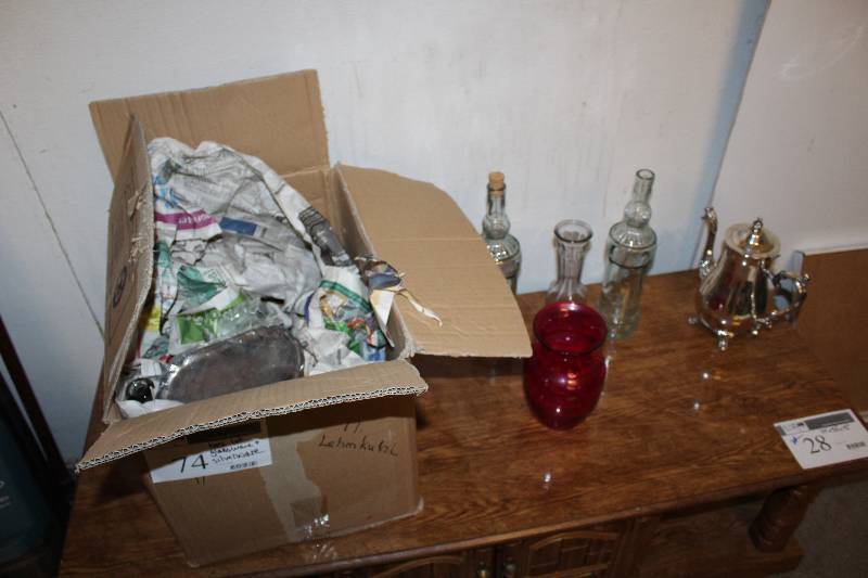 Box Lot Assorted Glass Vases, Silver Coffee Pot and More