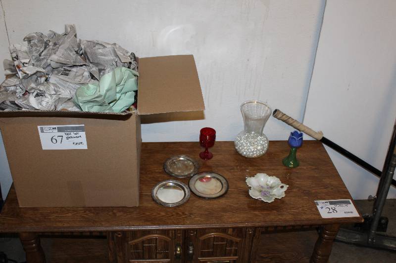 Clear Glass Vase and Red Glass Gobblet and Assorted Small Serving Plates and More