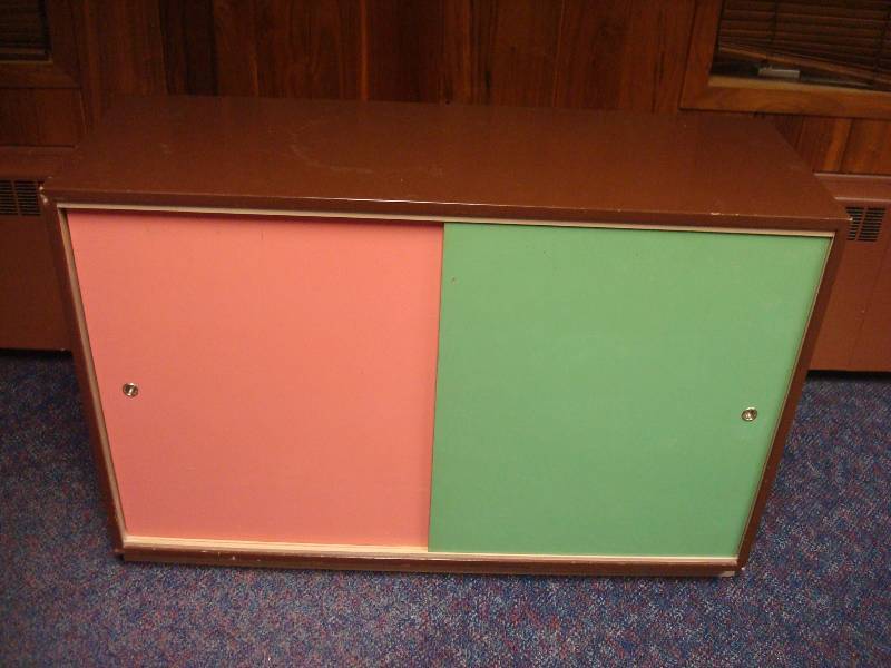 lot 57 image: Vintage School Shelf, With Sliding Door, Some Wear