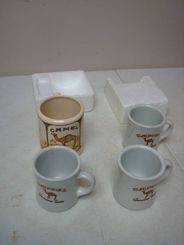 lot 141 image: Lot Of Camel Cigarette Coffee Mugs, One Has Crack, Two Are New