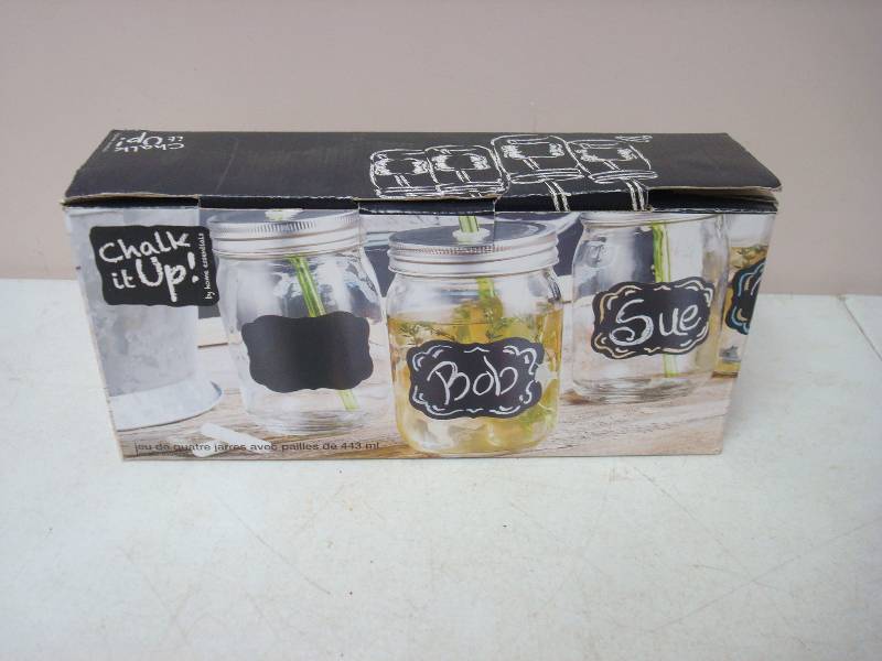lot 150 image: Lot Of Chalk It Up Jar Drinking Glasses, Looks Unused