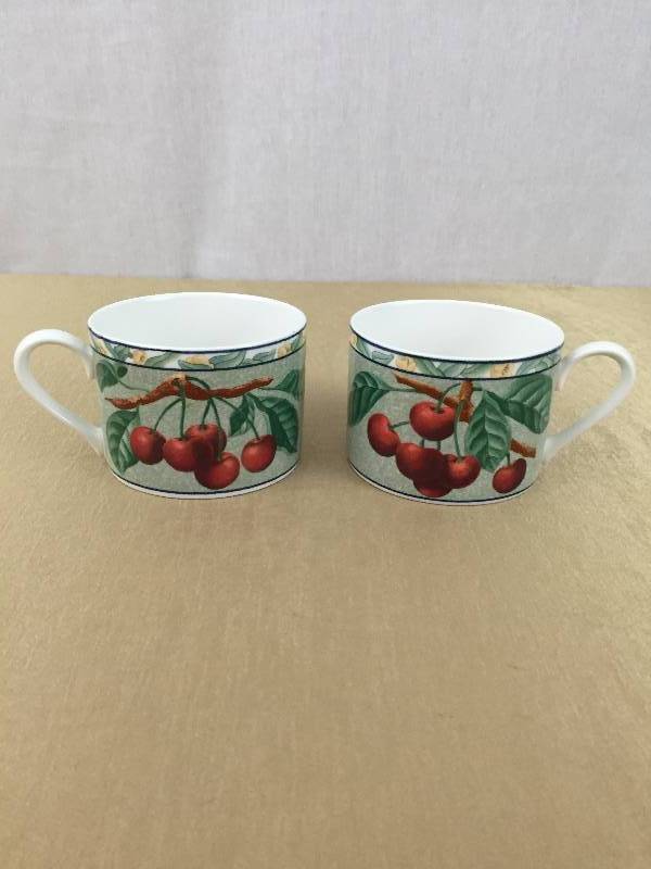 lot 7 image: 2 Victoria & Beale LAMOUR Cherries Coffee Cups Fine Porcelain Pattern #9040 Discontinued