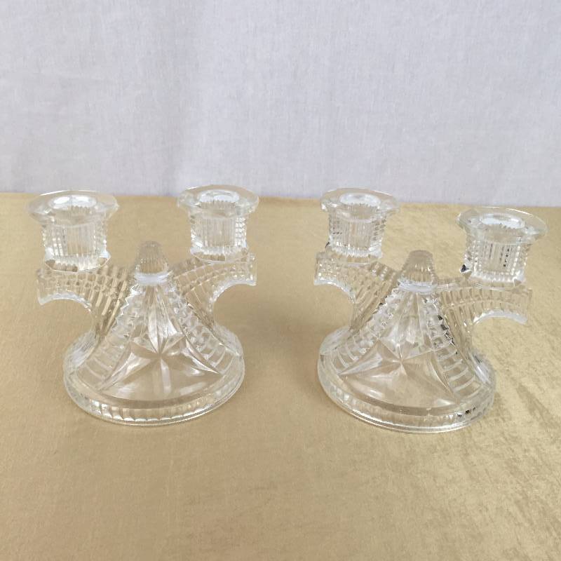 lot 17 image: Fabulous Vintage Art Deco Wigwam Pattern 2826 Candle Holders PAIR Double TWO By Federal Glass Co Geometric Depression Glass Sconce Centerpiece 2 Light Candlestick Holder c1930s
