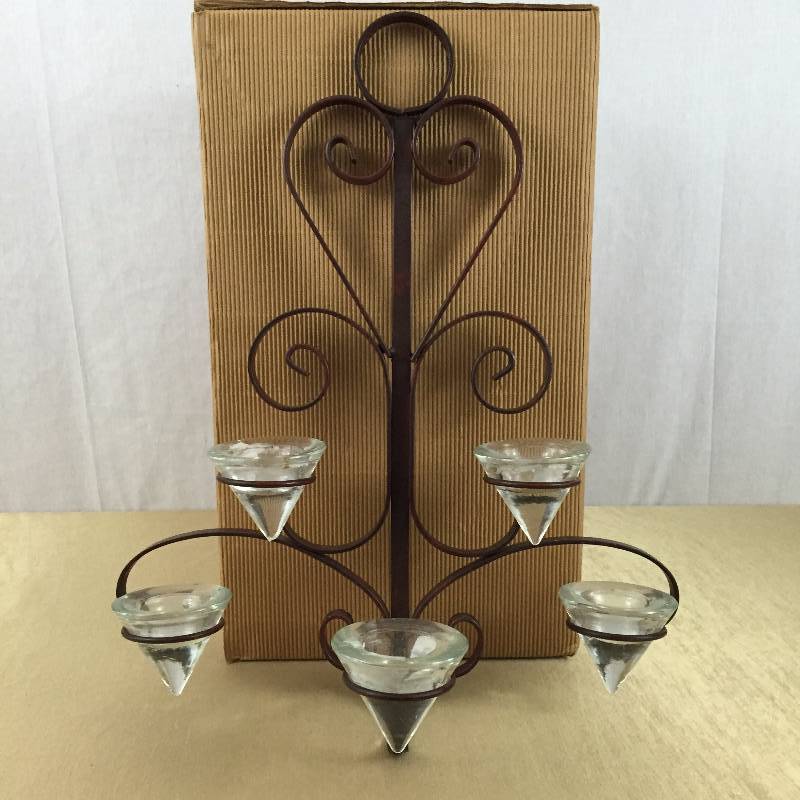 lot 22 image: Large Mediterrainian Rustic Style Scrolled Wrought Iron Metal Wall Sconce Heavy V Shaped Crystal Candle Holders Tea Lights Or Votive Candles Indoor  Outdoor