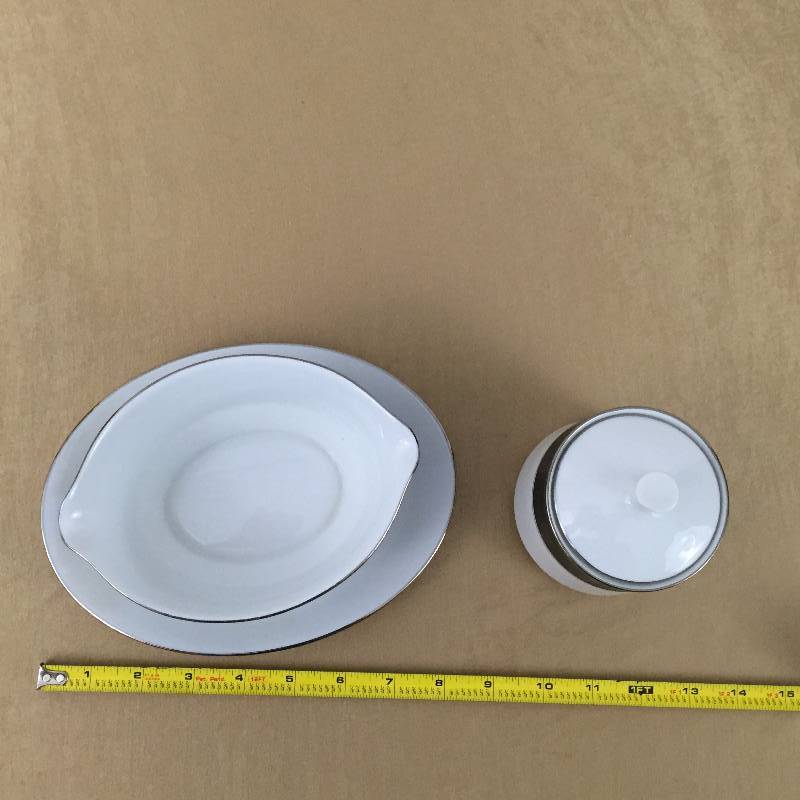 lot 25 image: Noritake Mirano Gravy Boat Attached Underplate & Sugar Bowl Black Etched White Silver Trim