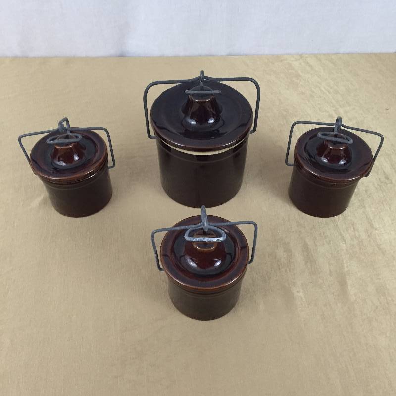 lot 27 image: Four Vintage Brown Stoneware Old Cheese Crocks with Wire Clamp Lids