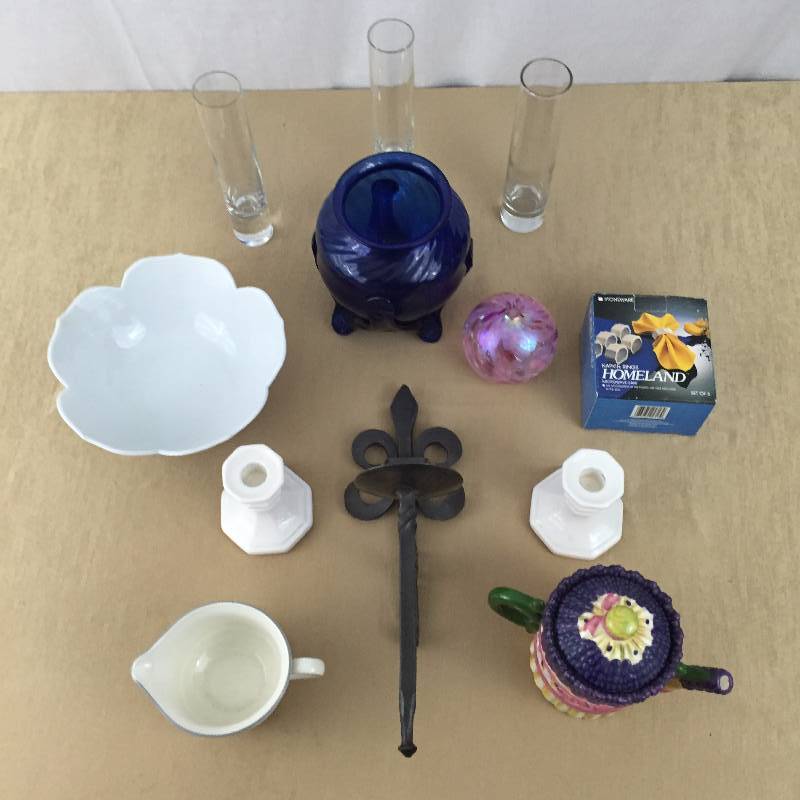 lot 34 image: Houseware & Decor Lot Asian Tulip Bowl Cobalt Blue Hand Crafted Vase Napkin Rings Candle Holders Tea Pot - Excellent Condition No Chips