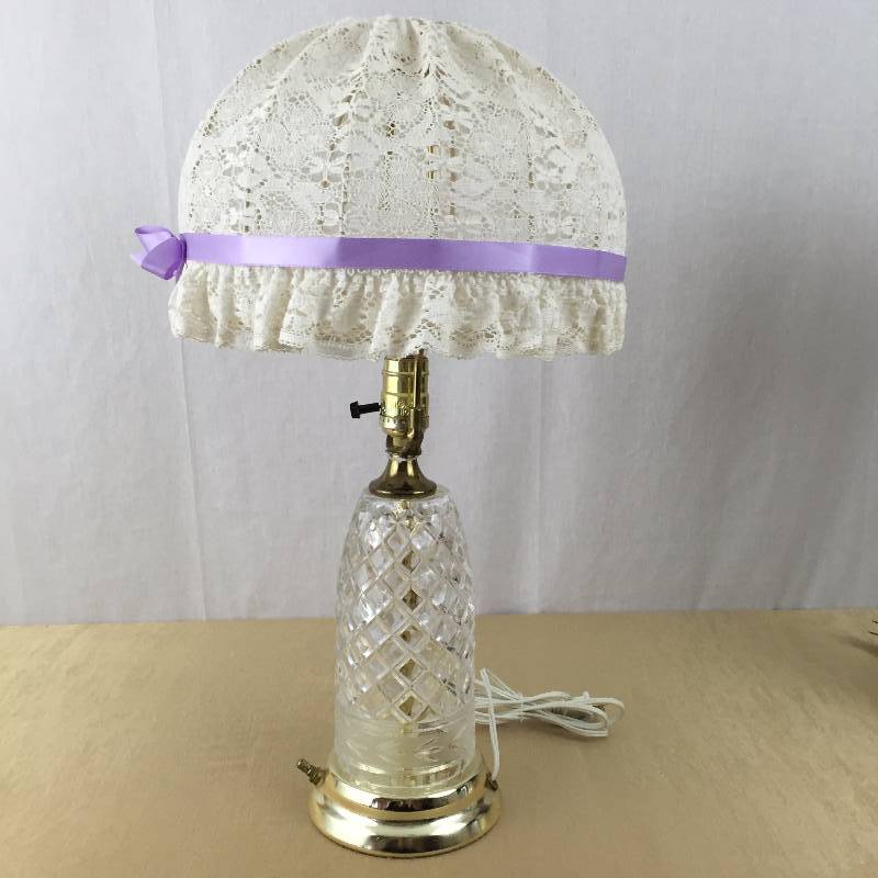 lot 46 image: Matching Pair Vintage Cut Crystal Brass Boudoir Parlor Table Lamps With Rare Dome Hand Made Antique Lace Shades Excellent Working Condition