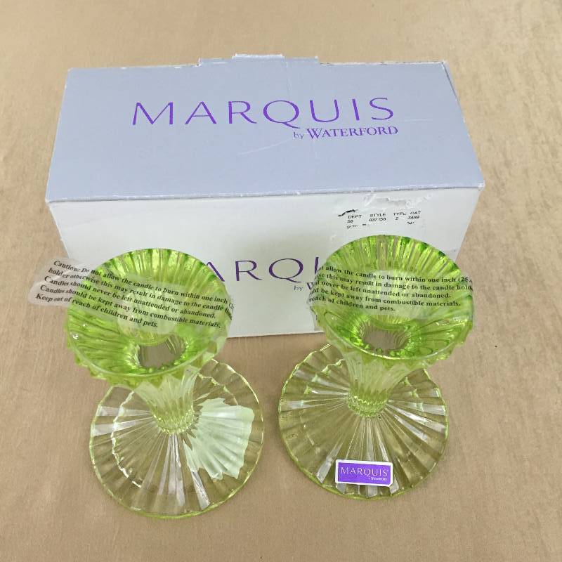 lot 47 image: New In Box Gorgeous Quality Pair Marquis By Waterford Bezel 4 inch Candlestick Candle Holders Confetti Green