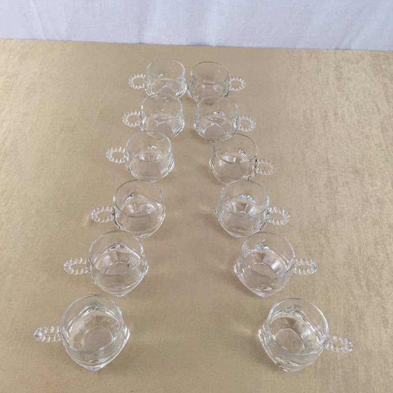 lot 50 image: 12 Stunning RARE Style Vintage Holiday Punch Crystal Bubble Handle Square Bottom Cups