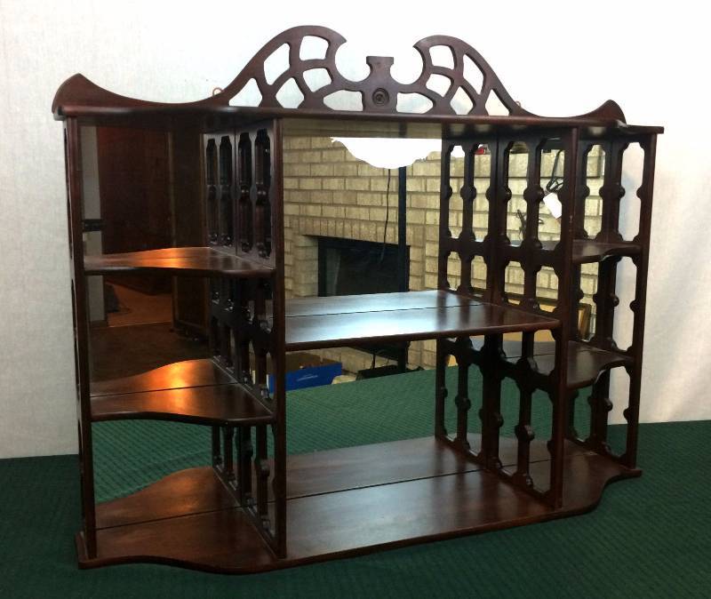 lot 60 image: Early Mid Century Vintage 28 MAHOGANY Georgian CHIPPENDALE Style WALL Mount Whatnot Mirror CURIO Miniature Display SHELF Chinoiserie with Detailed Fretwork