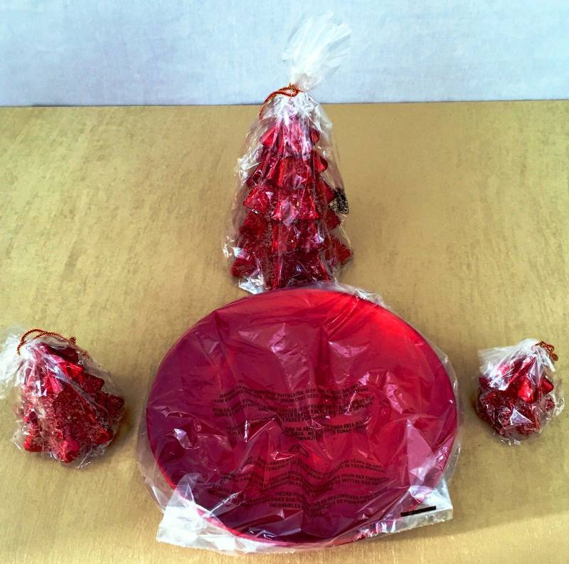 lot 55 image: 3 VTG RED GURLEY STYLE GLITTER CHRISTMAS TREE CANDLES LIGHT COOKIE SERVING TRAY