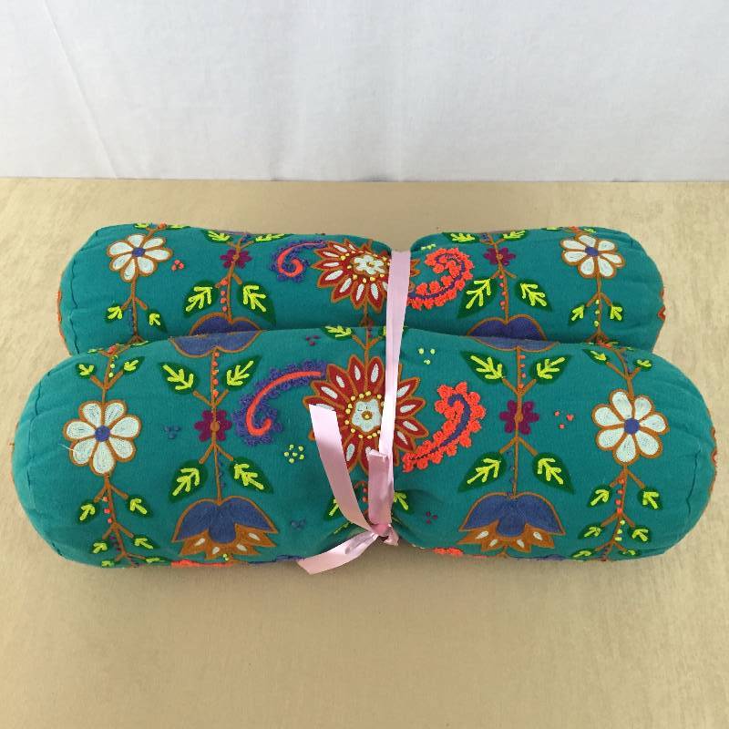 lot 52 image: WOW Spectacular 2 Vintage 1960s Flower Power Detailed Hand Embroidered Roll Pillows - Excellent Condition