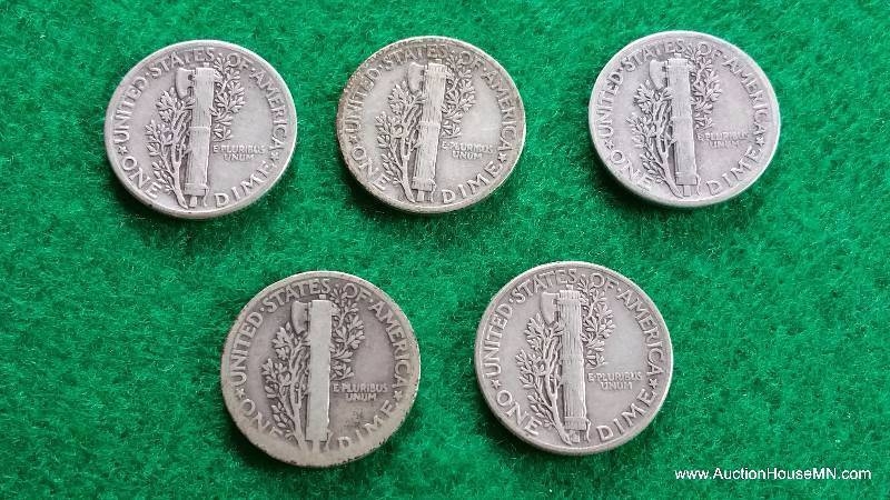 Group of (5) Mercury Silver Dimes