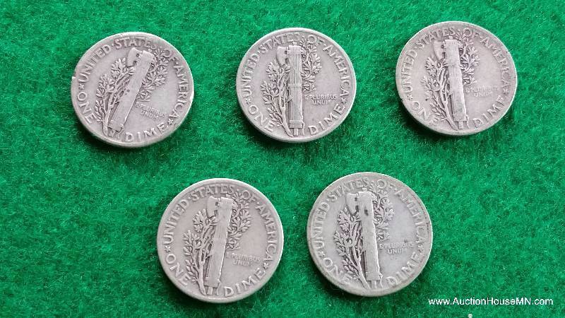 Group of (5) Mercury Silver Dimes