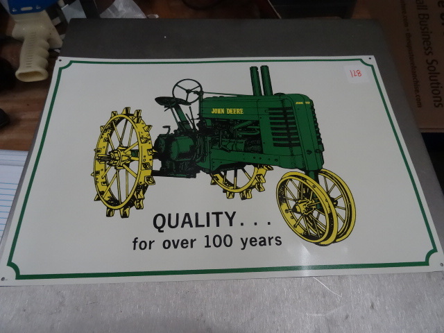 lot 128 image: John Deere Metal Hanging Sign 17 X 11