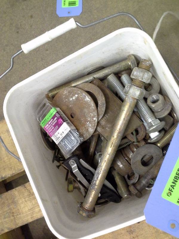 Bucket of miscellaneous hardware and knife