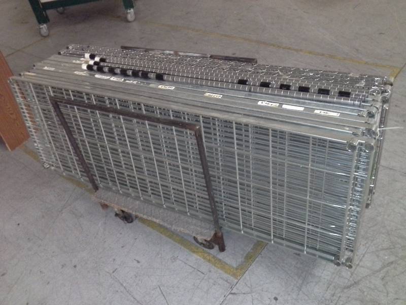 Wire shelving components, disassembled