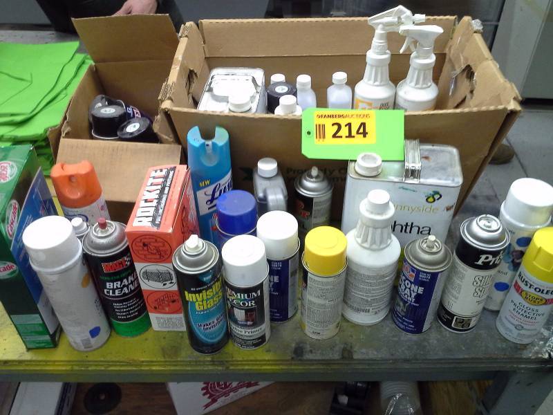 Assorted solvents, spray cans and cleaners.