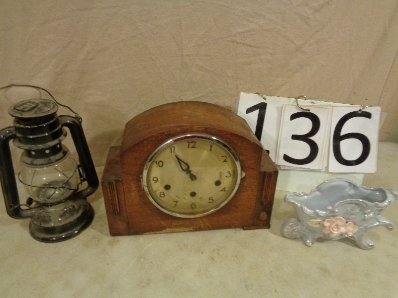 lot 136 image: Old Wood Clock and Oil Lantern
