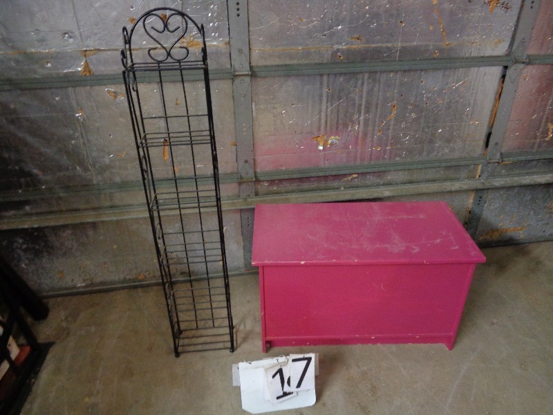 lot 17 image: Wood Toybox and Metal Shelf