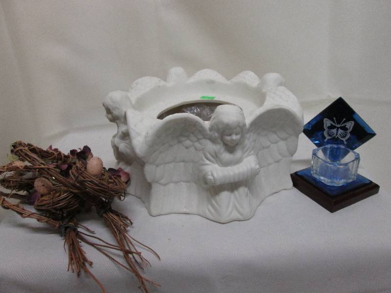 lot 360 image: Angel floral pot, Blue butterfly te...