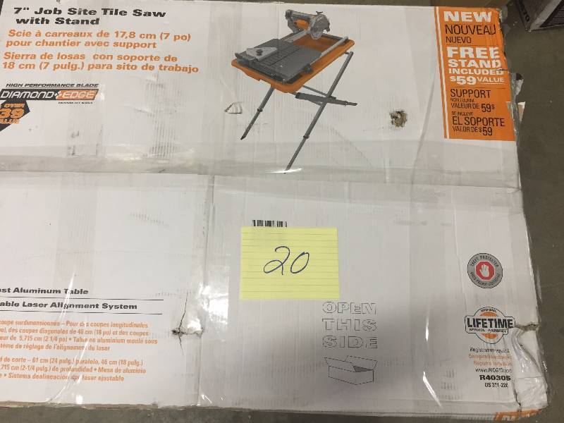 lot 20 image: Ridgid 7 Tile saw with stand Tested works
