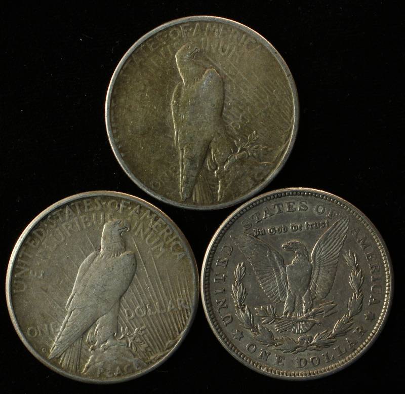 LOT OF 3 SILVER DOLLARS 1921 MORGAN & 1926-S, 1922-S PEACE