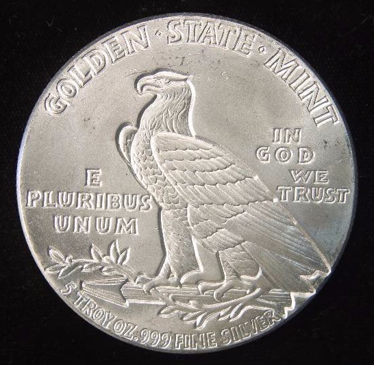 5 TROY Oz. .999 FINE SILVER ROUND INCUSE INDIAN DESIGN