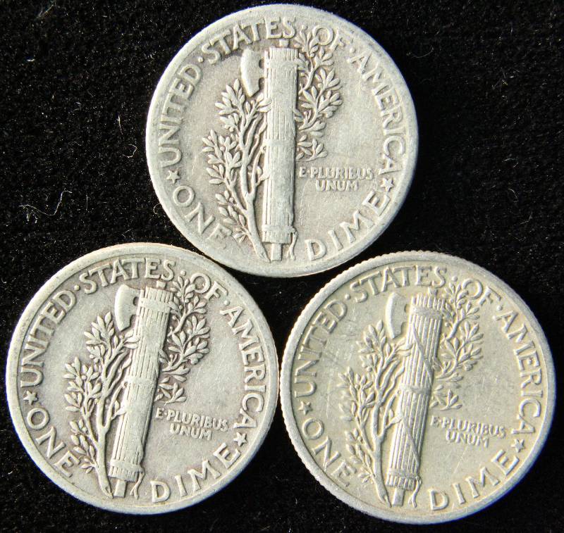 GROUP OF 3 SILVER MERCURY DIMES F-VF