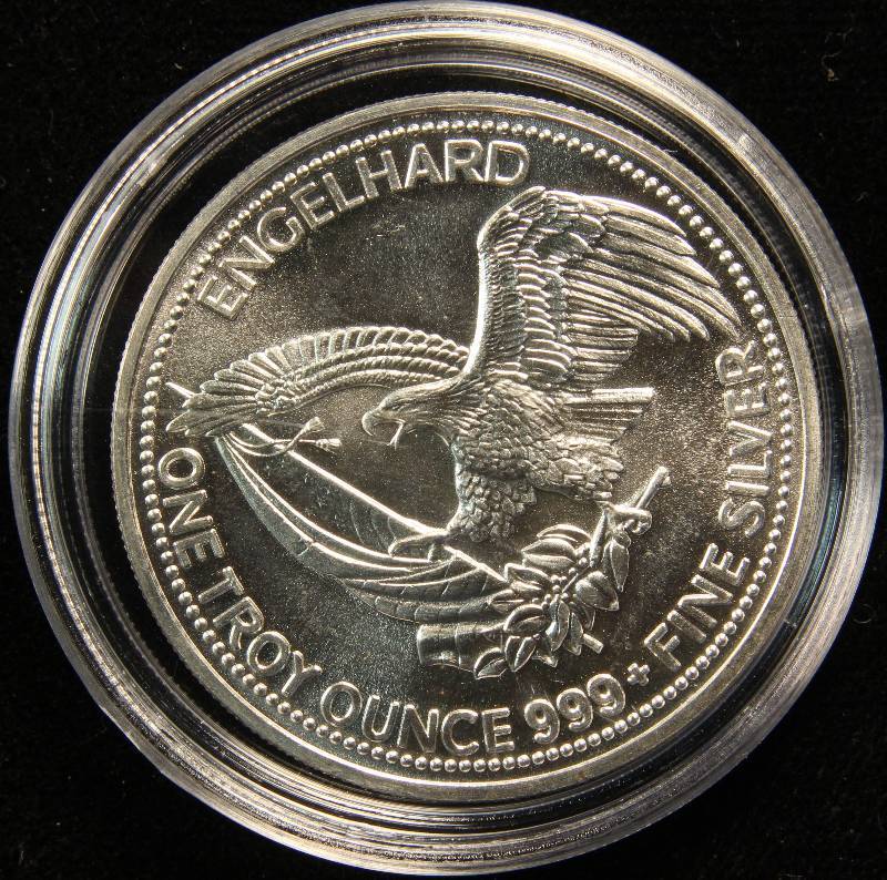 1 TROY OZ. .999 FINE SILVER PROSPECTOR ROUND 1985 ENGELHARD IN AIRTITE HOLDER