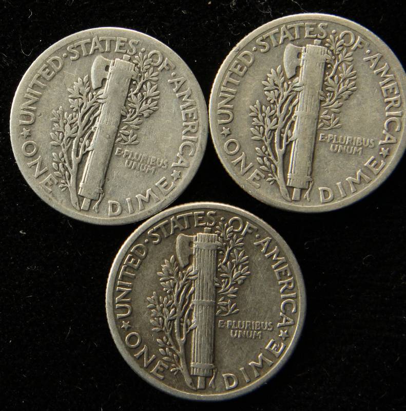 GROUP OF 3 SILVER MERCURY DIMES F-VF