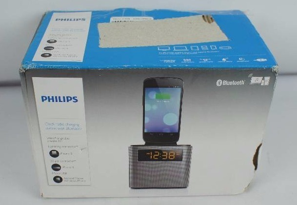 lot 80 image: Philips Bluetooth Dual Alarm Clock Radio iPhoneAndroid Speaker Dock Speakerphone Microphone