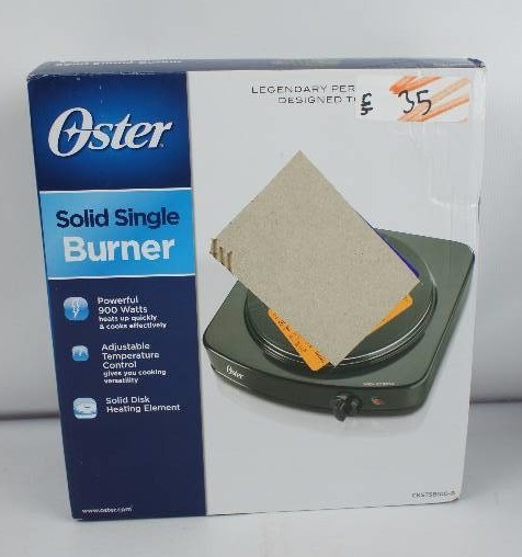 lot 35 image: Oster CKSTSB100-B-2NP Solid Single Burner with Adjustable Temperature Control, Black