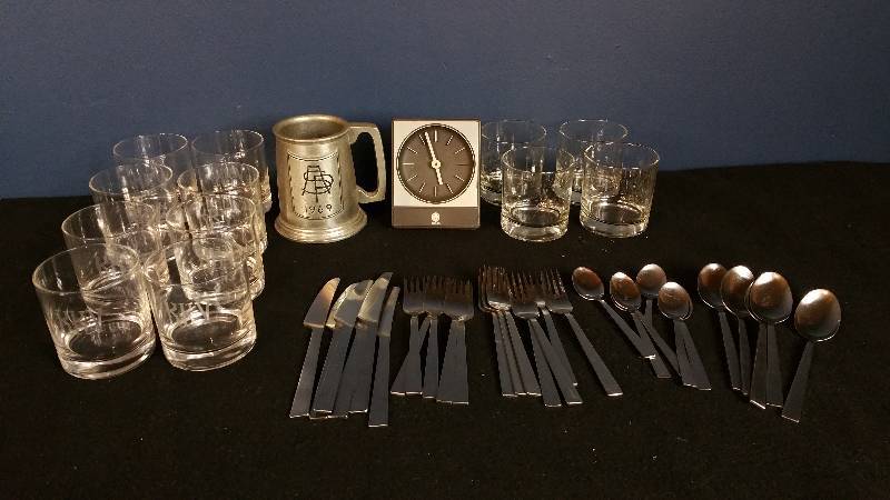 lot 142 image: Fiskars Mod Mid Century Flatware, Etched Whiskey Glasses, More