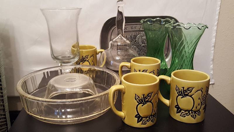 lot 72 image: Vintage Mugs, Glass Bakeware, Pewter Plate, Etc