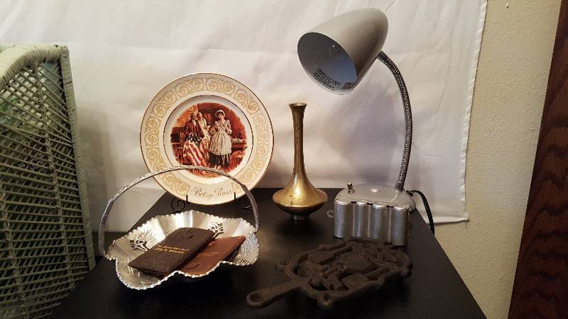 lot 81 image: Antique Cast Iron Trivet, Gooseneck Lamp, Coin Organizer, Etc