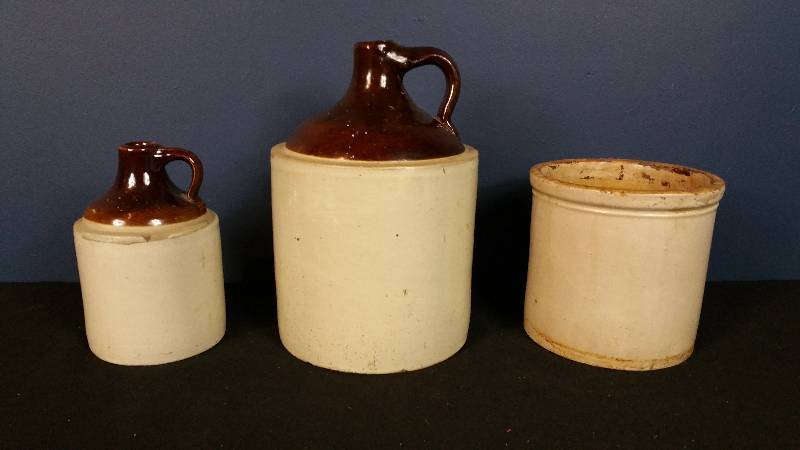 lot 28 image: Stoneware Whiskey Jugs & Glazed Crock