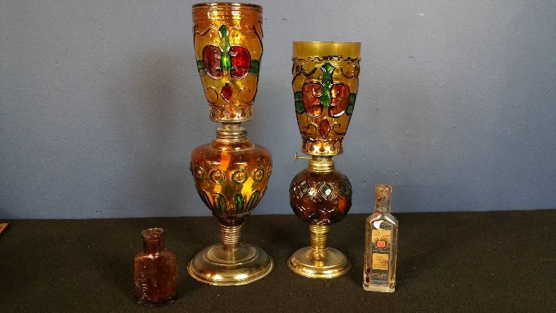 lot 42 image: Stained Glass Kerosene Lamps, Poison Bottle, Raspberry Extract