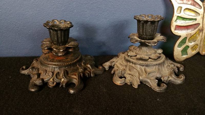 lot 46 image: Cast Iron Victorian Candle Holders, Stained Glass Butterfly, and More