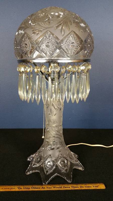 lot 2 image: Antique Cut Glass & Crystal Prism Mushroom Boudoir Table Lamp