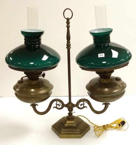 lot 1 image: Antique Large Double Arm Brass Student Lamp