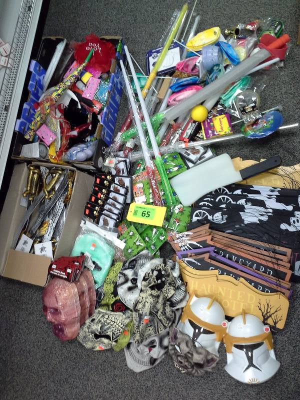 Miscellaneous assortment of props, Halloween costumes, decorations