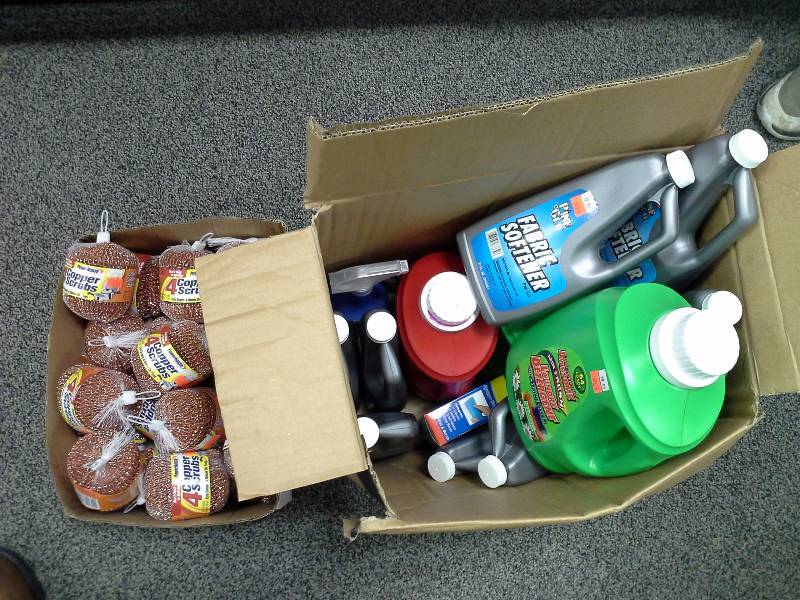 Two boxes of copper scrubs, various cleaners