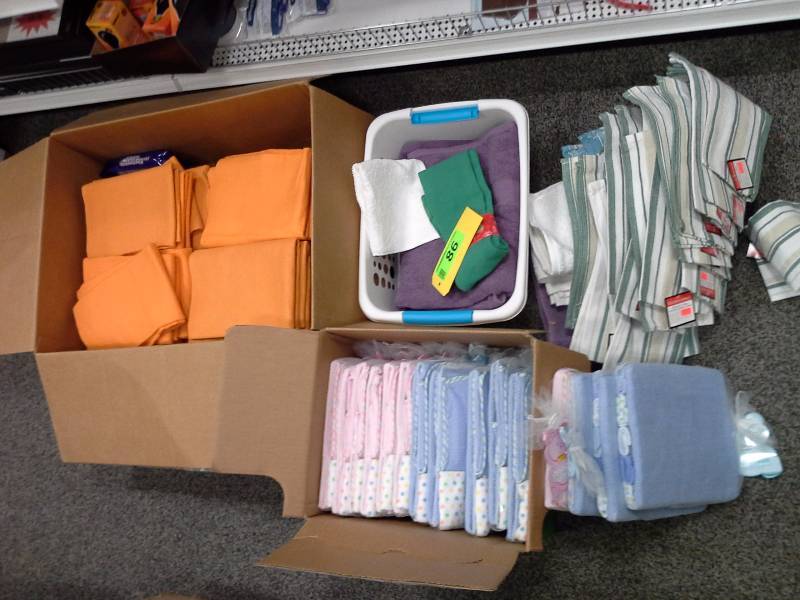 Assortment of textiles, microfiber cloth, baby blankets, dishtowels