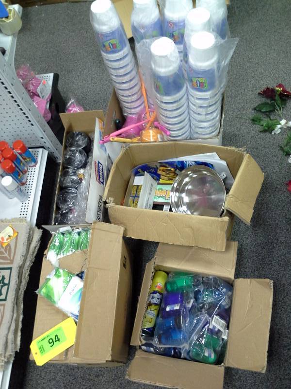 Five boxes of miscellaneous items, tissues, cups